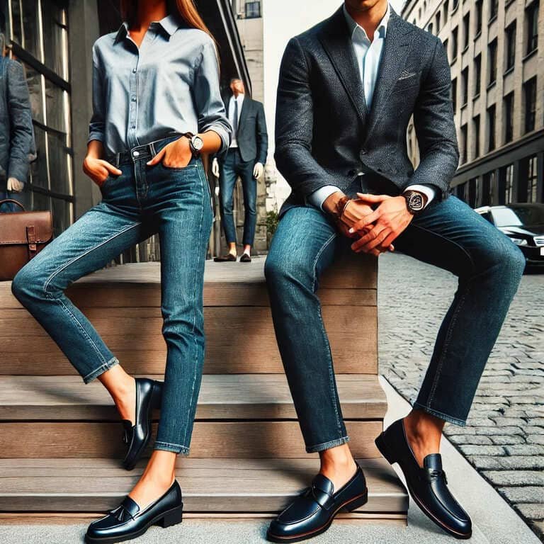 dark blue jeans paired with loafers, oxfords, or block heels