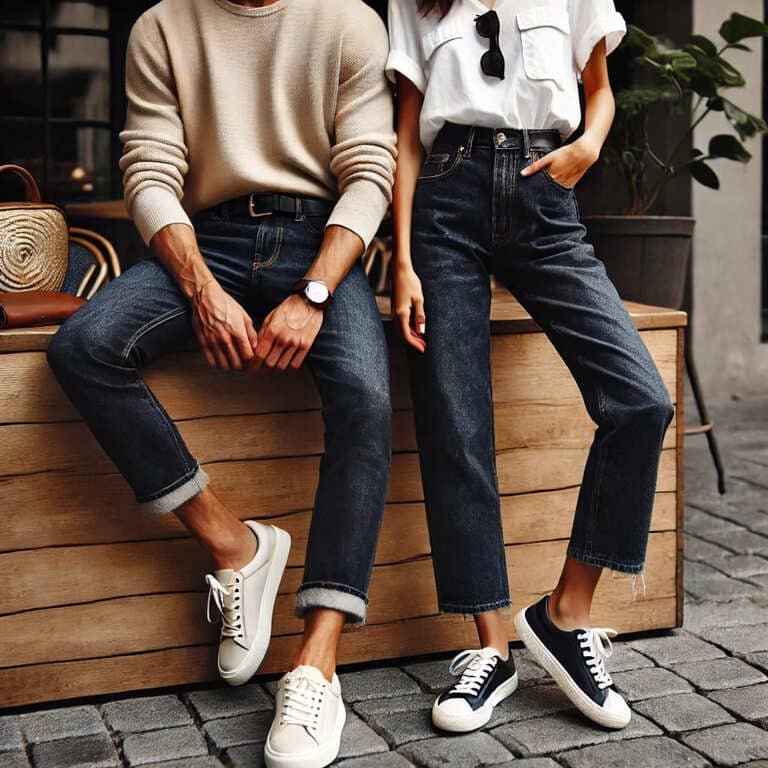 wearing dark blue jeans paired with sneakers