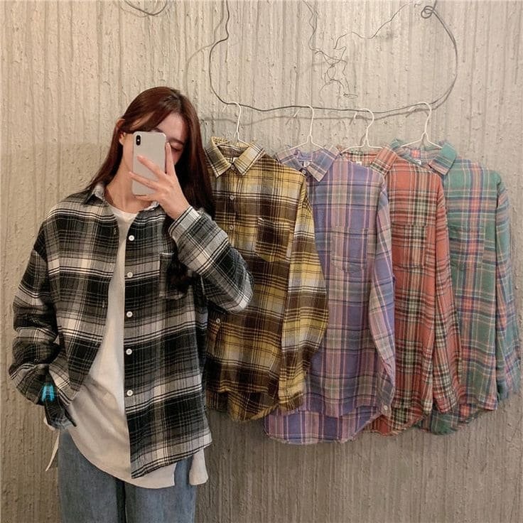 Button-Up Plaid Shirt styling with Pale Blue Jeans